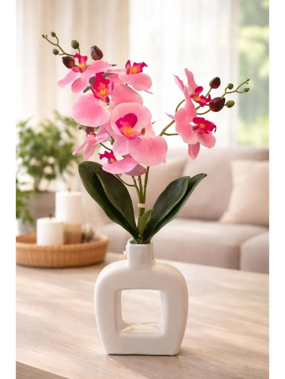 New Faux Orchid Arrangement Pink Artificial Flowers White Vase Modern Decor